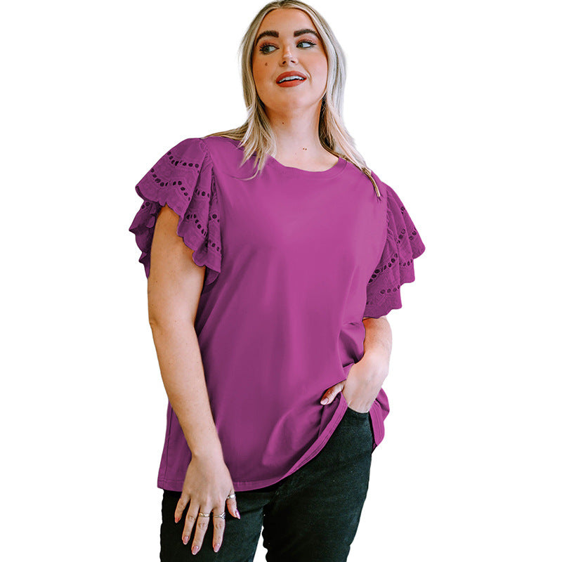 Female Lace Hollow Out Versatile Casual Short Sleeved Shirt