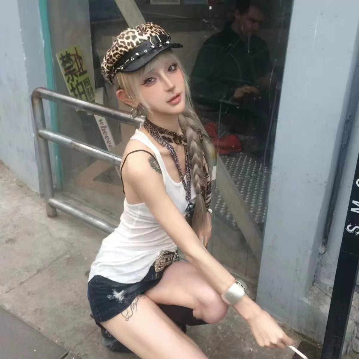 Spicy Girl Leopard-Print Nightclub Leather-Clasp Subculture Octagonal Hat