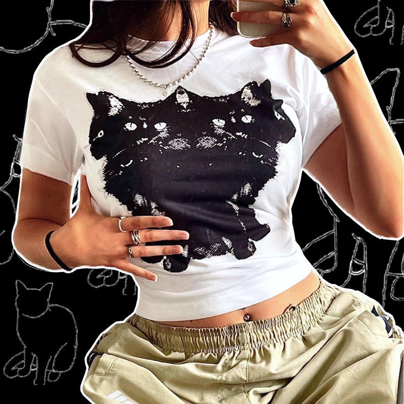 Mode Kattehovedprint Kortærmet T-shirt Rund Hals Afslappet Top