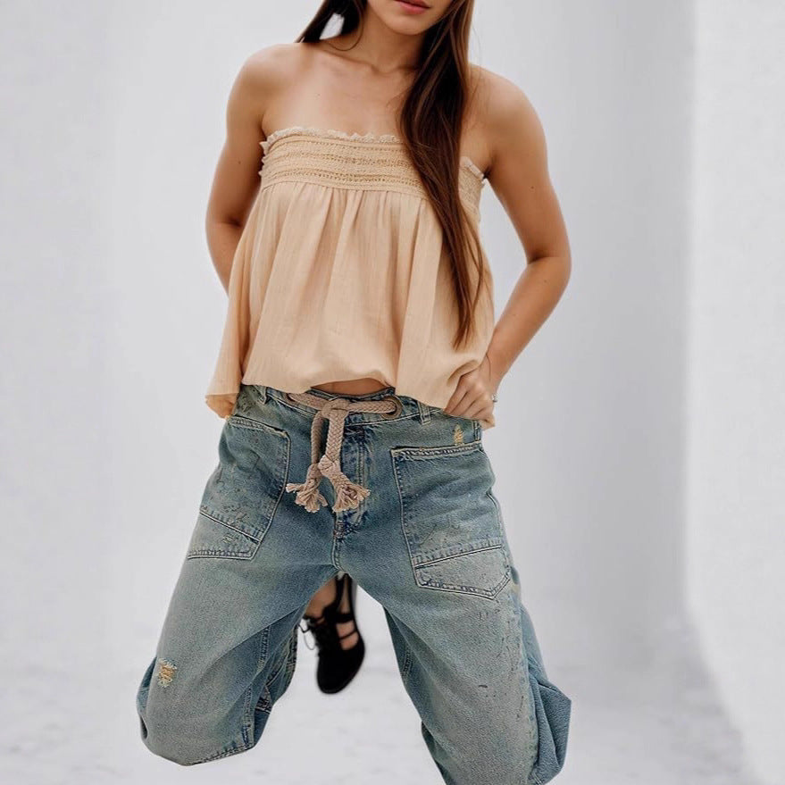 Womens Patchwork Loose Straight Denim Jeans With Drawstring Waist And Lace-Up Details