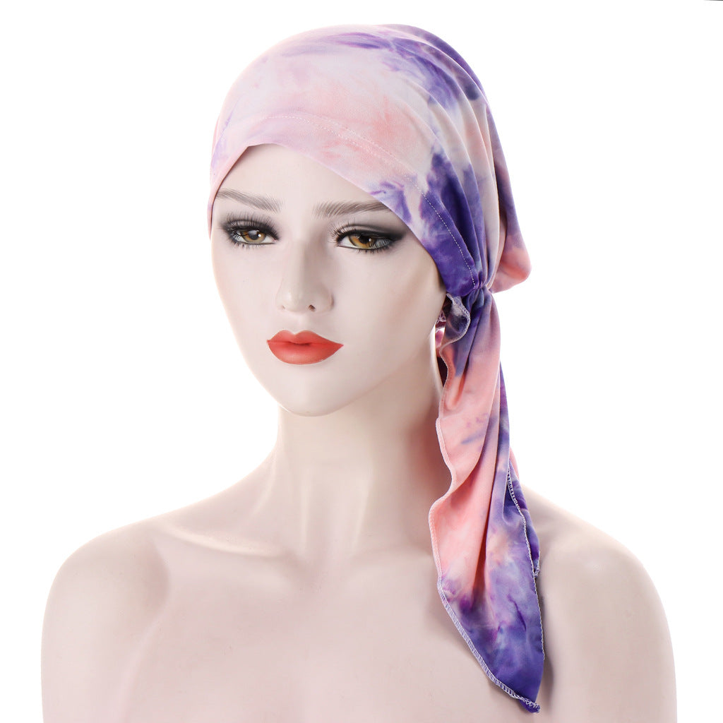 Curved Floral Fabric Two-tail Tie-dye Headscarf