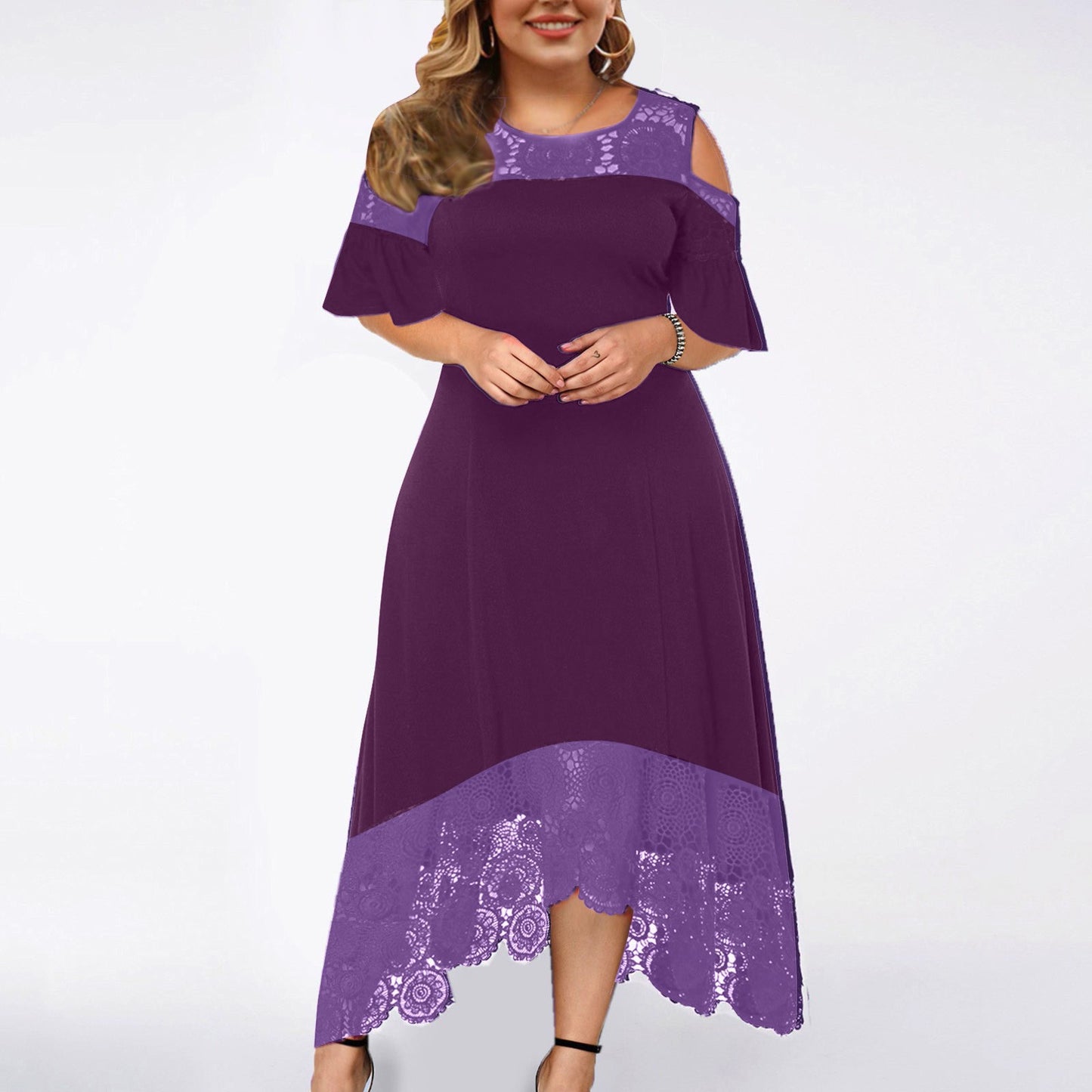 Solid-color Lace High-waist Crew-neck Wrap Dress