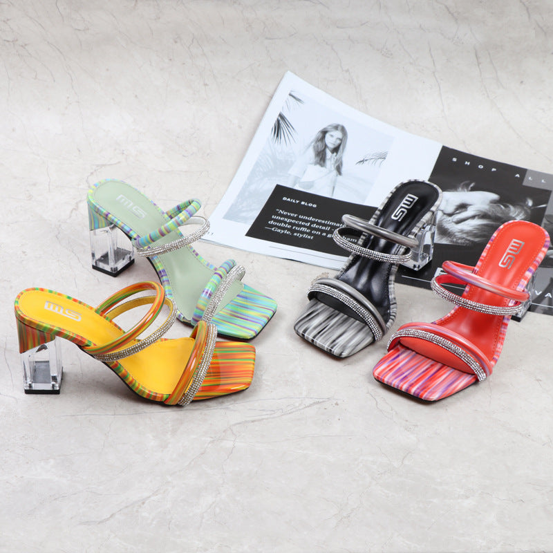 One Line Sandals And Slippers Crystal High Heeled Large Size Comfortable Sandals