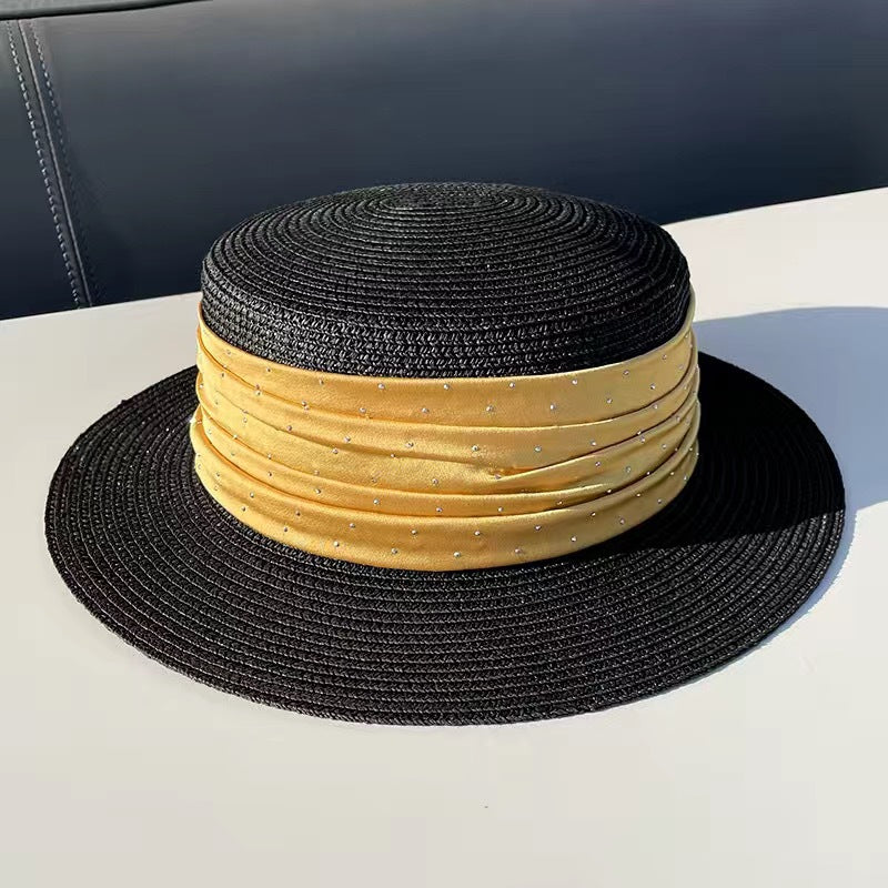 Spring And Summer Short Brim Satin Rhinestone Straw Flat Top Hat Women