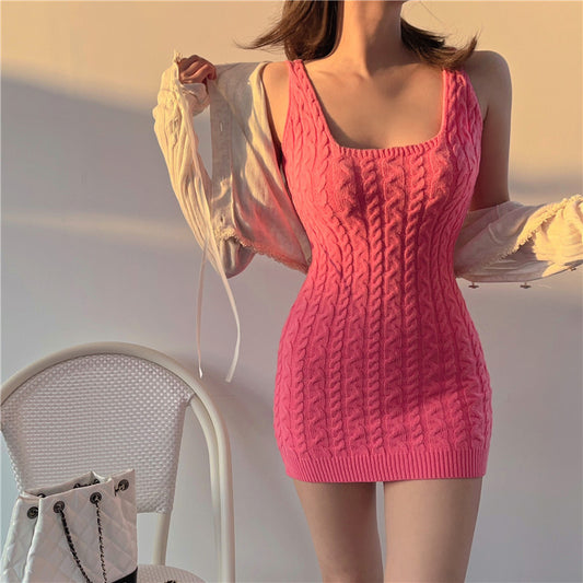 Versatile Cable-Knit Slip-Neck Sweater Body-Con Dress That Slims The