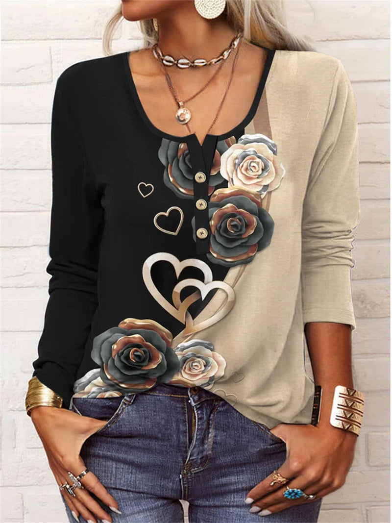 Women's Long-Sleeve Printed V-Neck Loose T-Shirt