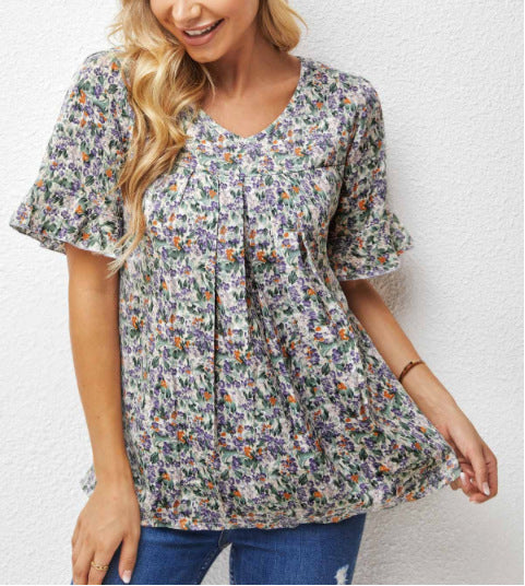 Summer New Floral Print Short Sleeve T Shirt
