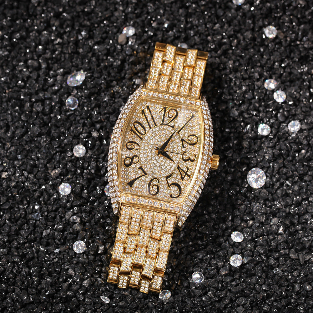 Large tonneau-shaped dial with full diamonds