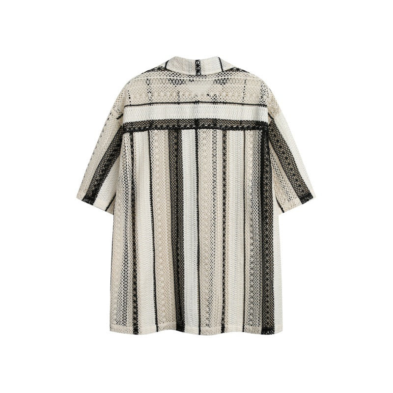 Japanese-style Retro Striped Hollow Contrast Color Mesh Loose Short Sleeve Shirt