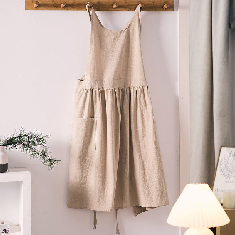 Household Cotton Linen Round-neck Apron Japanese And Korean Style Artistic
