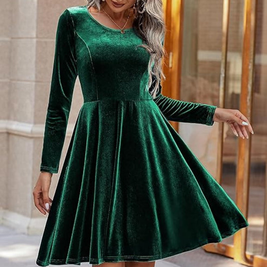 Womens Solid-Color Long-Sleeve Crew-Neck Velvet Maxi Dress For Valentines Day