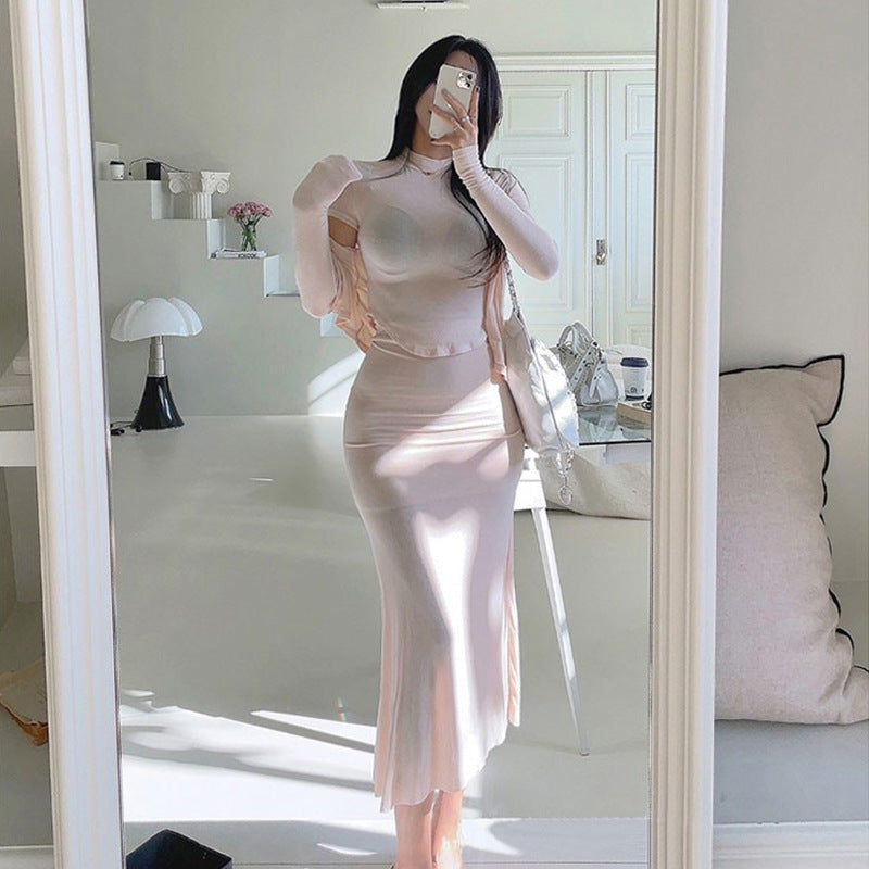 Semi-high Neck Short-sleeve T-shirt Cardigan Fishtail Skirt Three-piece Set For Women
