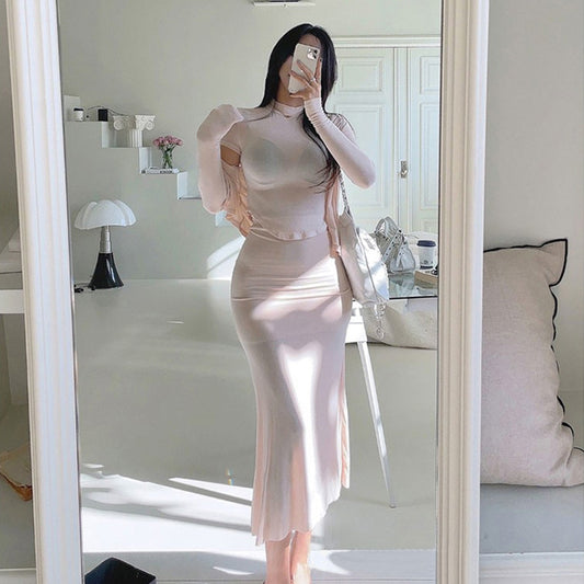 Semi-high Neck Short-sleeve T-shirt Cardigan Fishtail Skirt Three-piece Set For Women