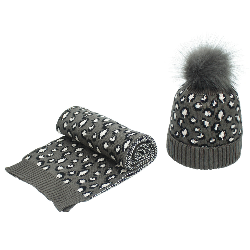 Women's Autumn And Winter Leopard Print Hair Ball Hat Scarf Set