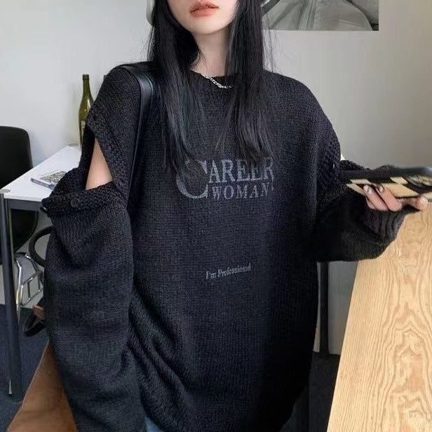 New Off-the-shoulder Letter Splicing Fashion Long Sleeve Knitted Women's Clothing