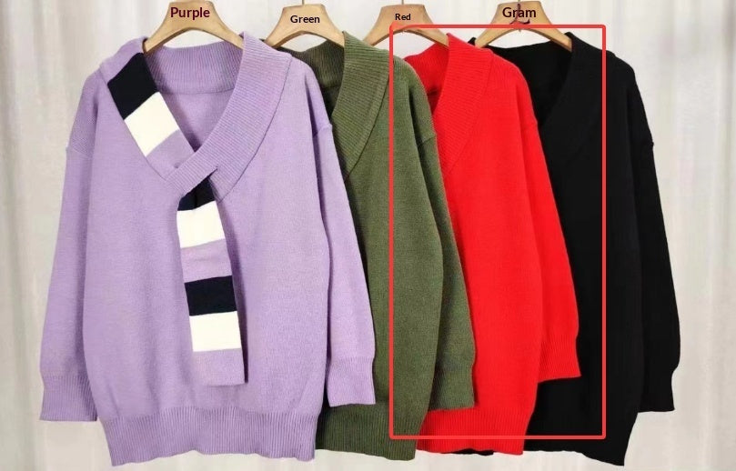 Lazy Style Fake Two-piece V-neck Striped Long Sleeve Women's Sweater