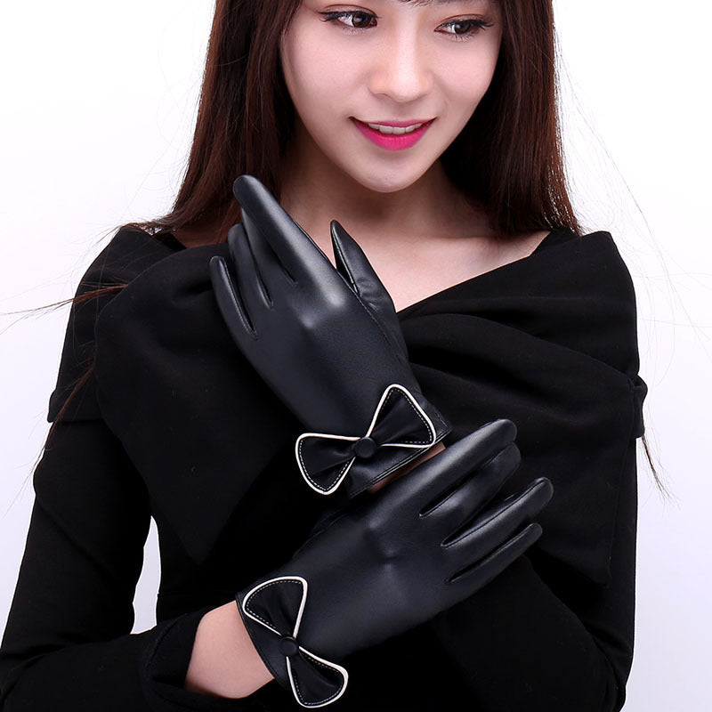 Women's Full-touch Screen PU Leather Warm Cycling Fashion Cute Bow Gloves
