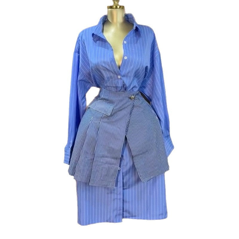 Turn-down Collar Blue Striped Long-sleeve Shirt And Waist-cinching Casual Set
