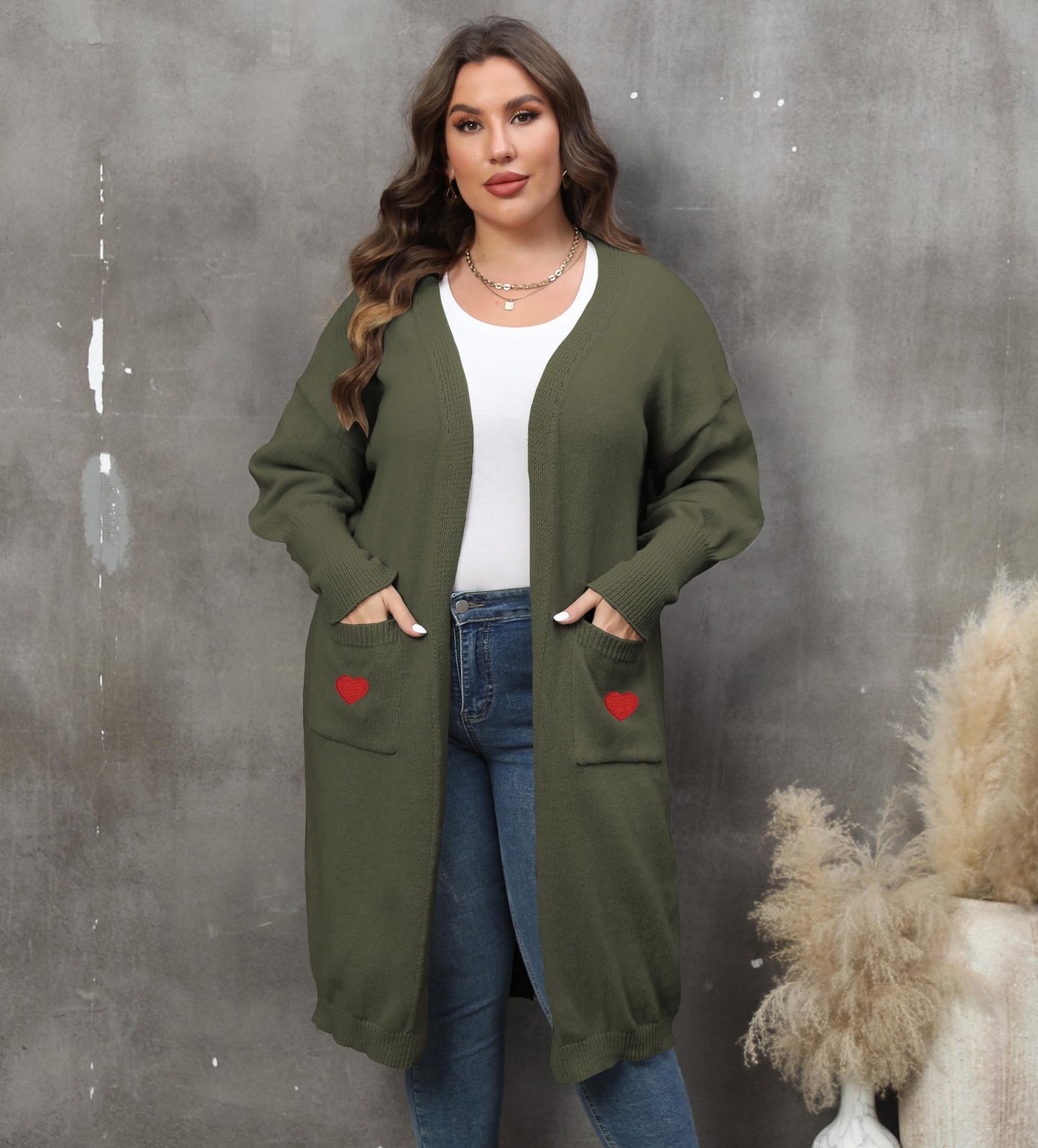 Women's Plus Size Mid-length Woven Love Double Pocket Lantern Sleeve Sweater Cardigan