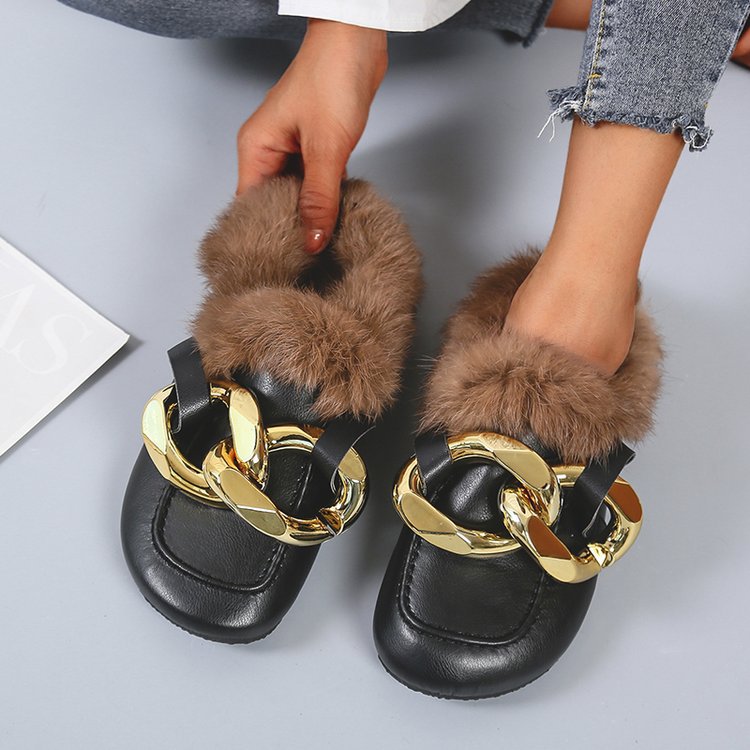 Large Chain Wool Slippers Women's Thick-soled Round Head Baotou Slippers