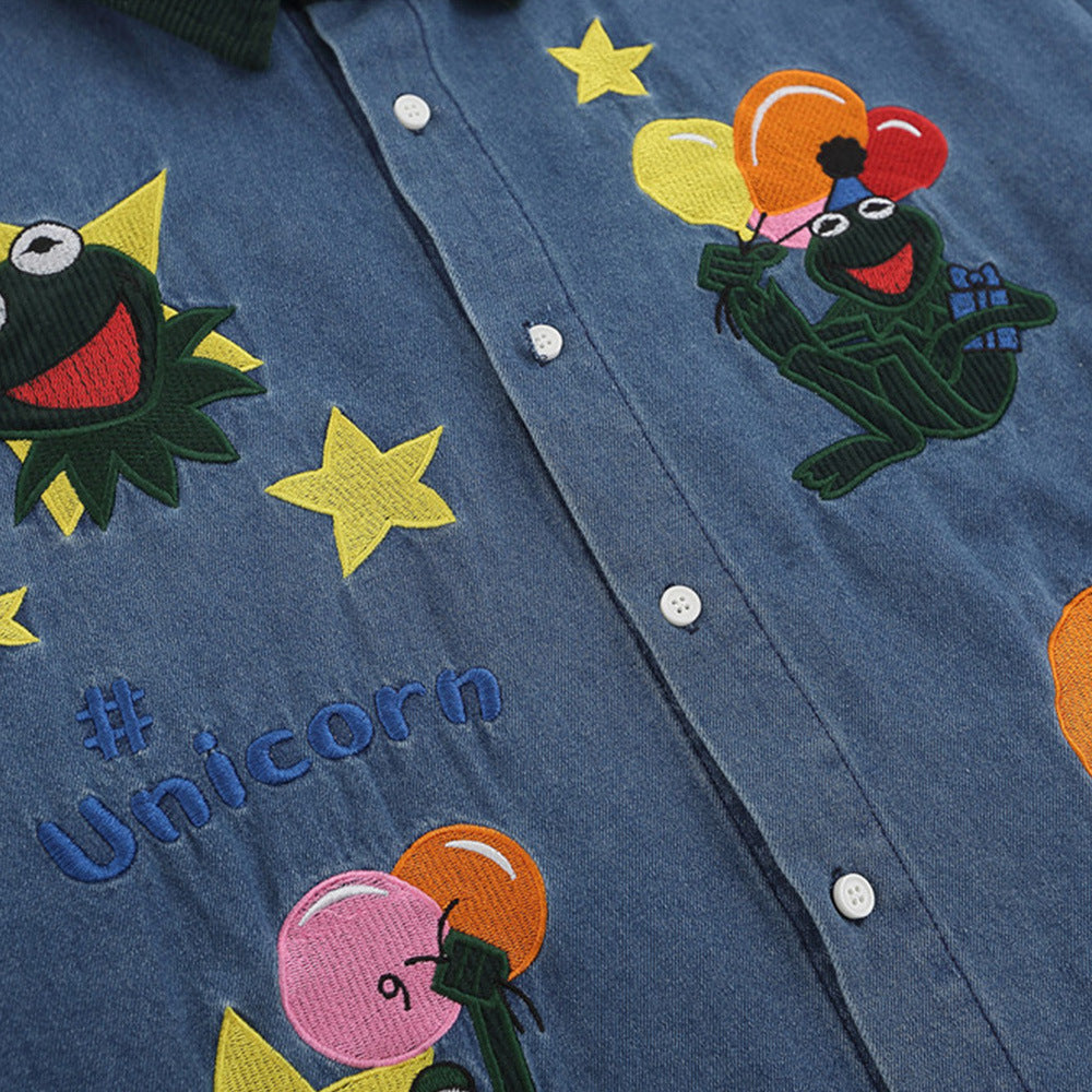 Retro Cartoon Animal Embroidery Denim Long Sleeve Shirt
