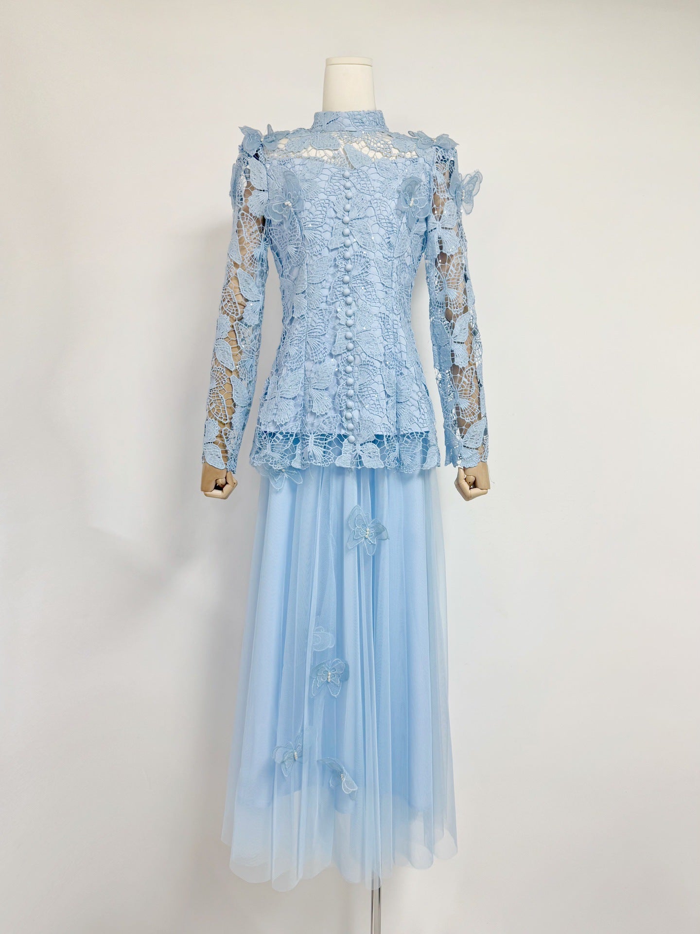 Womens Lace Jacquard Patchwork Top And Mesh Skirt Set