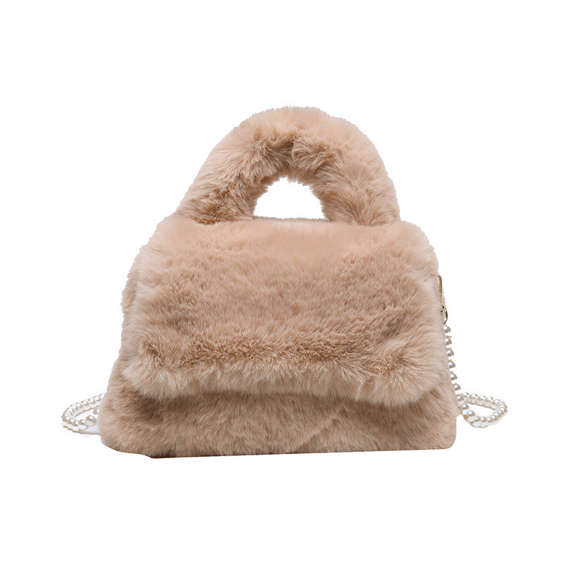 Women's Fashion Pearl Chain Plush Hand-carrying Bag