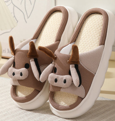 Cute Cow Linen Shit Feeling Interior Non-slip Deodorant Outer Wear Platform Slippers