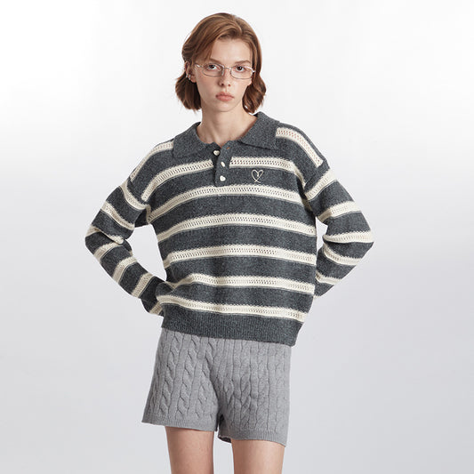 European And American Contrast Color And Versatile Knitwear Autumn Vintage Stripe Design Top