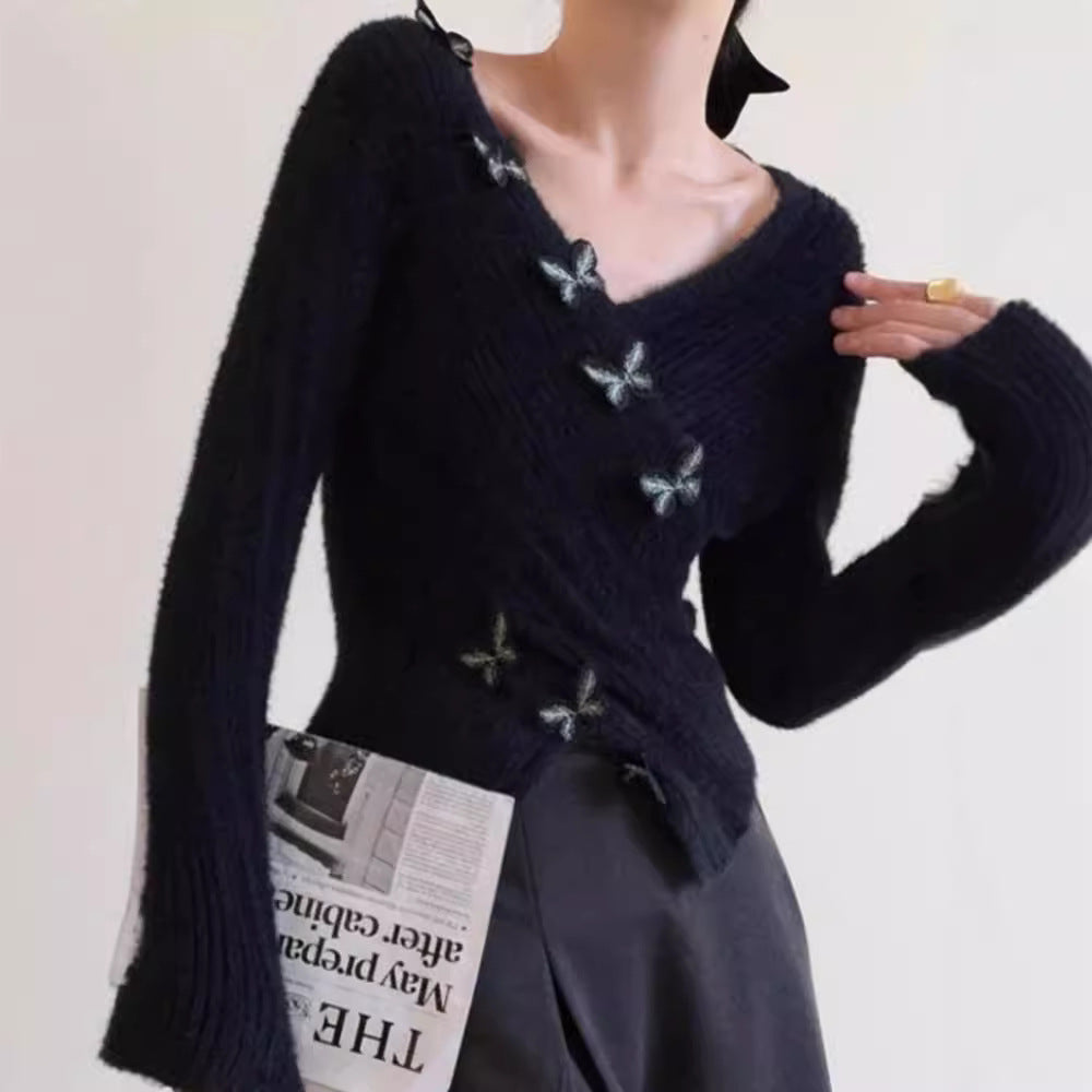 Three-dimensional Butterfly Furry V-neck Sweater