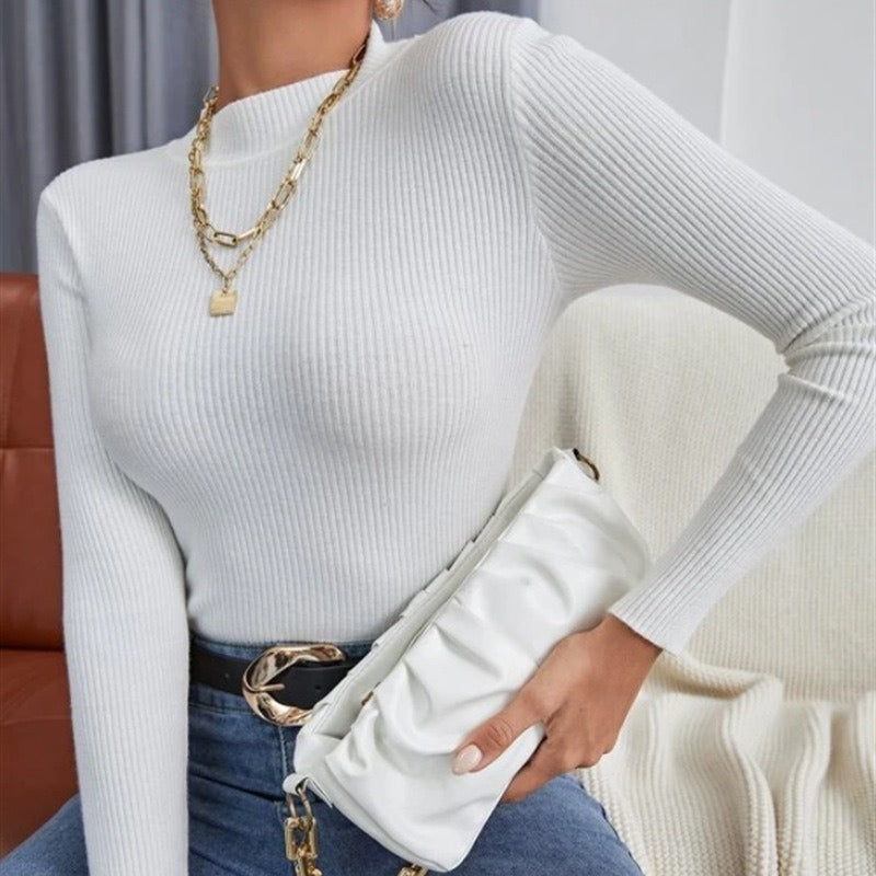 Efterår og vinter tynd halv rullekrave slim fit sweater til kvinder