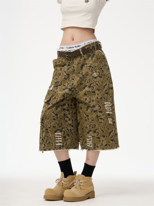 Retro Street Leopard Camouflage Workwear Denim Cropped Bukser