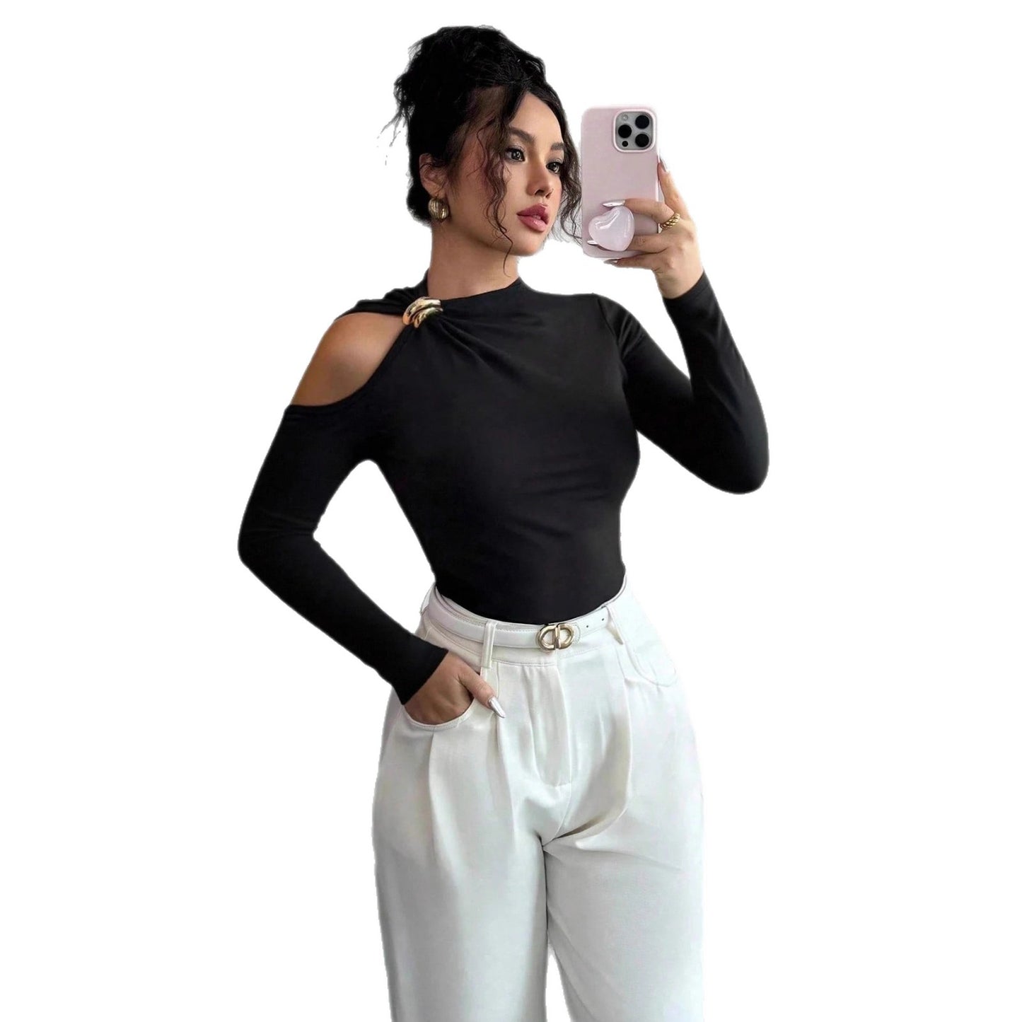 Asymmetric Collar One-side Off-the-shoulder Metal Decorative Slim Top
