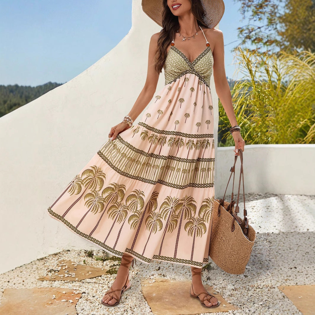 Bohemian Ethnic-Style Printed Beaded Halterneck Backless Dress