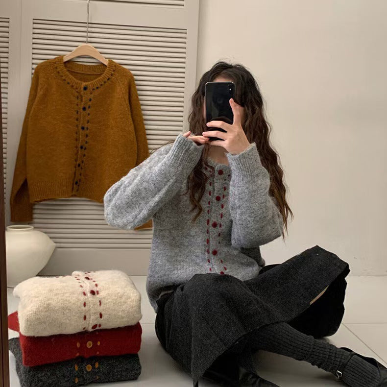 New Retro Soft Glutinous Handmade Stitching Round Neck Sweater Coat For Women