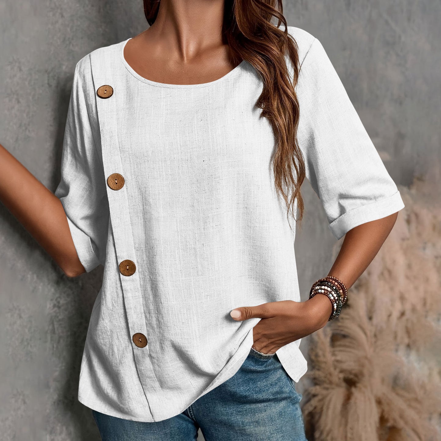 Womens Cotton-Linen Button-Up Fashion Casual Top