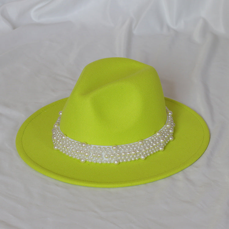 Handmade Pearl Top Hat Big Brim Fur Felt Hat