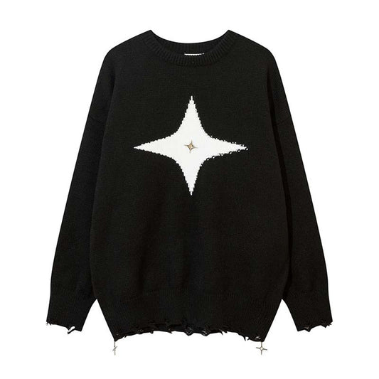 Street Tide Retro Four-pointed Star Round Neck Sweater For Men