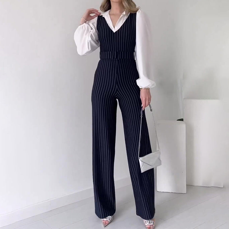 Color Contrast Patchwork Fashion High Waist Striped Straight Jumpsuit