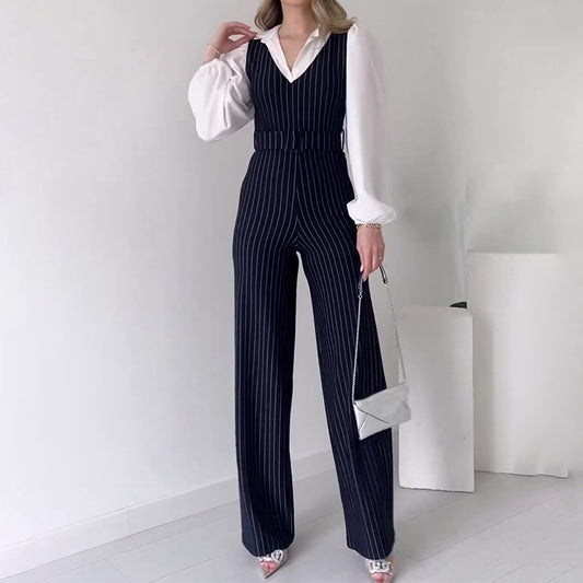Color Contrast Patchwork Fashion High Waist Striped Straight Jumpsuit