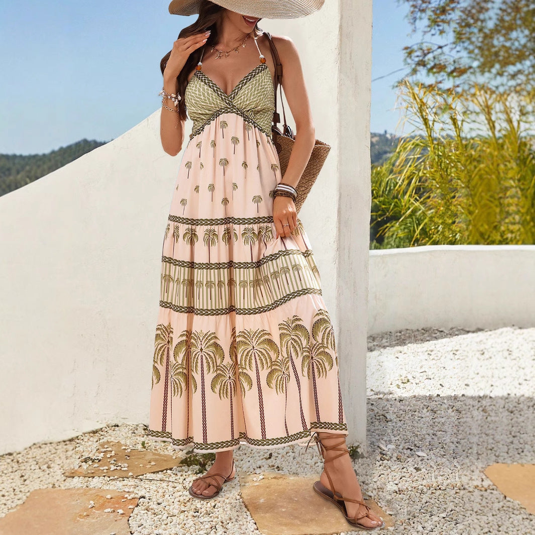 Bohemian Ethnic-Style Printed Beaded Halterneck Backless Dress