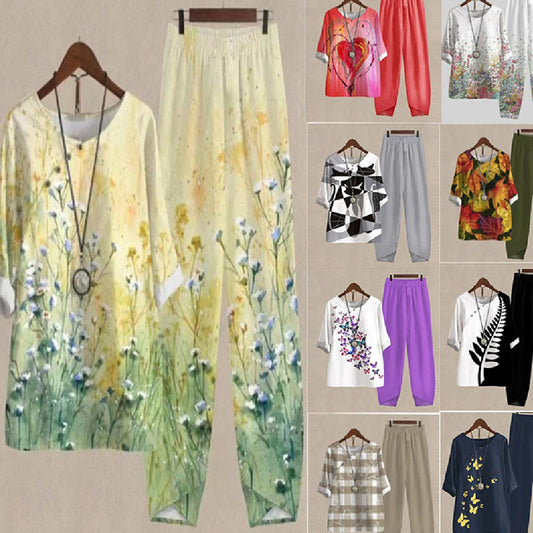 New Women's Five-quarter Sleeve Printed Top Two-piece Pants