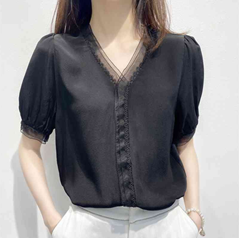 New Stylish Loose V-neck Puff Sleeve Design Sense Niche Lace Top