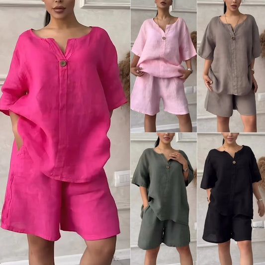Cotton-linen Shirt Set With High-waisted Loose Shorts For Women