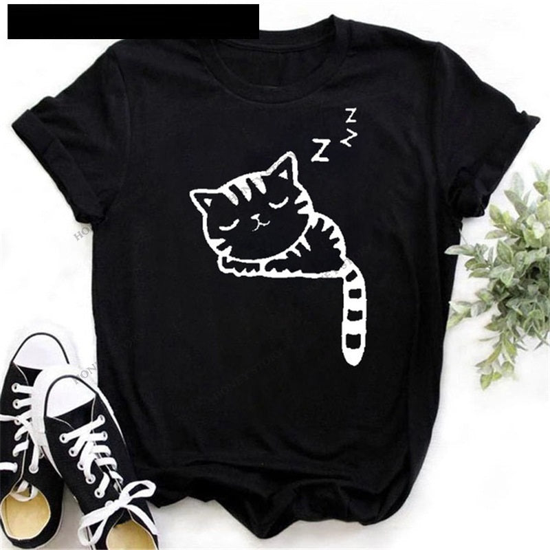 T-shirt med sødt sort print med tegneseriekatte- og hundepoter