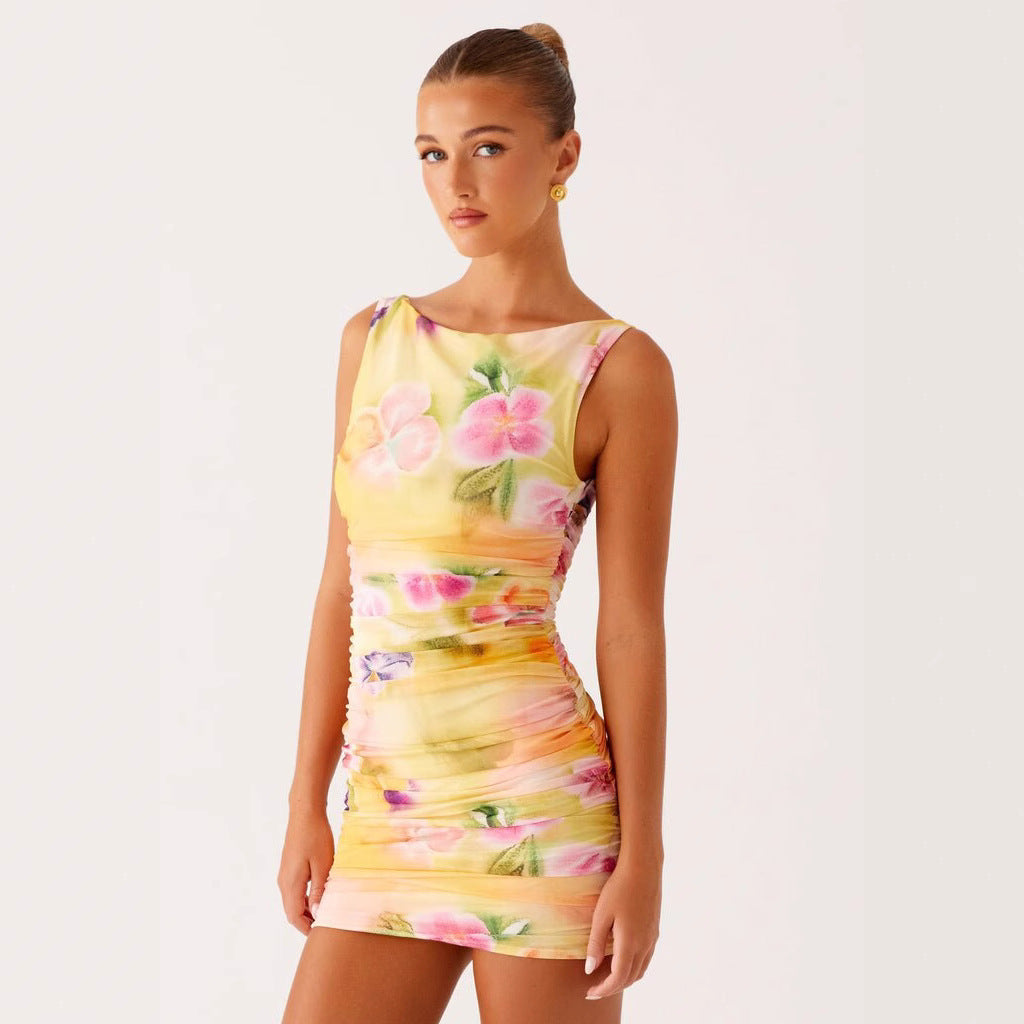 Yellow Printed And Dyed Floral Tank Dress
