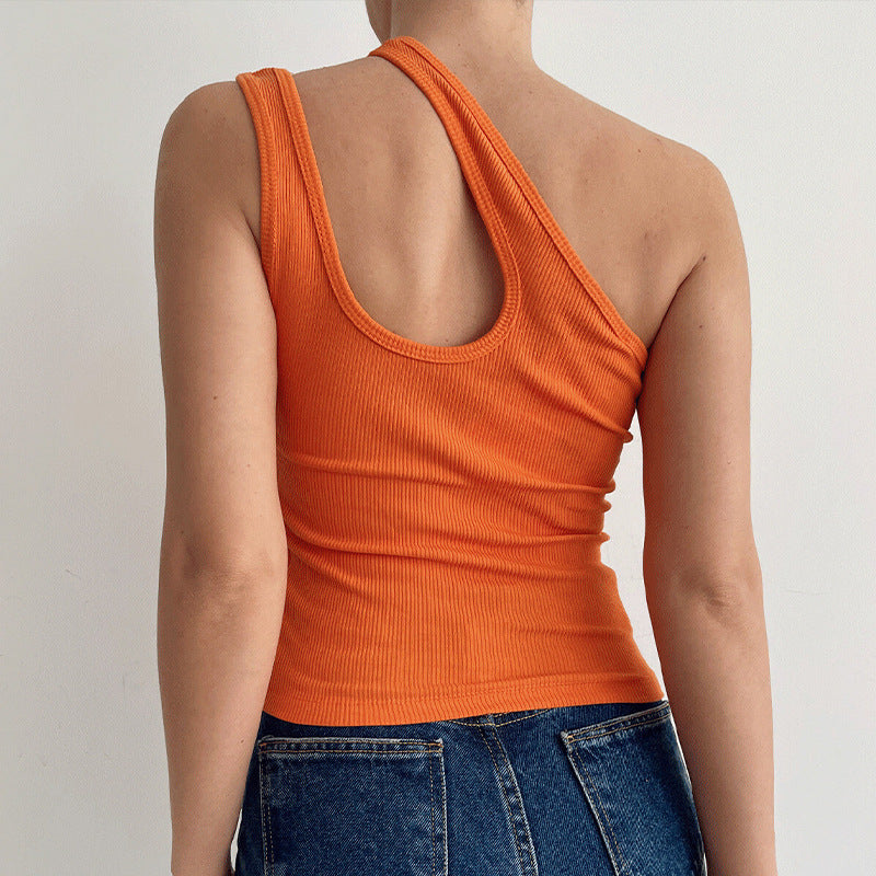 Solid Color Short Vest Irregular Off Shoulder Hollow Ribbed Bottoming Sling