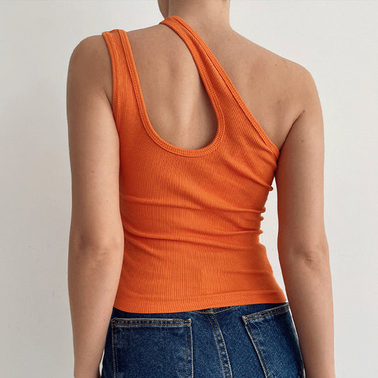 Solid Color Short Vest Irregular Off Shoulder Hollow Ribbed Bottoming Sling