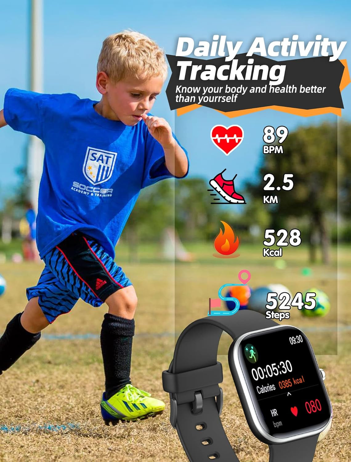 Kids Smart Watch for Boys Girls,Ip68 Waterproof Kids Fitness Activity Tracker Watch,Heart Rate Sleep Monitor,8 Sport Modes,Pedometers,Calories Counter,Alarm Clock,Gifts for Teens 5+ (Black)
