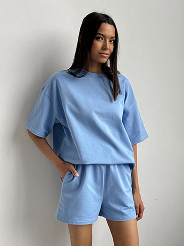 Casual Short-Sleeve Crew-Neck Top And Shorts Two-Piece Set